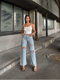 Resim Shevega Kadın Buz Mavi Çift Diz Lazer Yirtik Yüksek Bel Bol Paça Jeans Pantolon Buz Mavi 