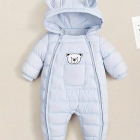 Resim Rahat Kışlık Ayı Yüzü Tulumu - Kalın Çift Fermuarlı Sıcak Kapüşonlu Giysi, Mavi, Sevimli Ayı Desen Tasarımı, Üniseks, Yumuşak Polyester Kumaş, Soğuk Hava ve Dış Mekan Kullanımına Uygun 