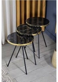 Resim Zigon Sehpa 3'lü Altın Metal Ayak Bendir Altın Siyah Çok Renkli 