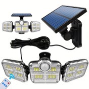 Resim Hareket Sensörlü Güneş Güvenlik Lambası - 3 Başlıklı 122 Ayarlanabilir LED Işık, Yarı Gömme Plastik Duvar Aplikasyonu, Uzaktan Kumanda, Güneş Enerjili 2400mAh Li-Iyon Pil, Çıkarılamaz Fotovoltaik Panel - Işık Kaynağı Dahil 