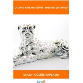 Resim Polyester Oturan Kaplan Figürü 50 Cm Gümüş Renk Dekoratif Obje 1 Adet 