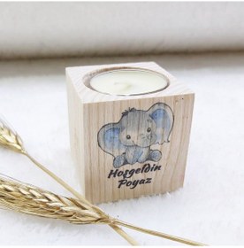 Resim Ahşap Mumluk Erkek Bebek Şekeri Fil UV Baskılı Kalp Dese(30 Adet) 
