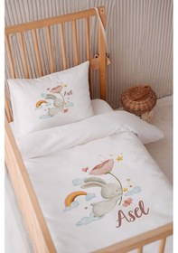 Resim %100 Pamuk Saten Isme Özel Isimli 100x150 Bebek Yatak Nevresim Seti Tavşan 