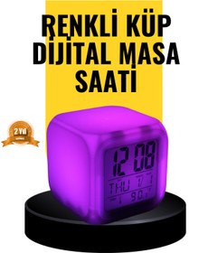 Resim AyrStore 7 Renk LED Işıklı Alarmlı Dijital Küp Masa Saati Termometreli 