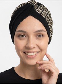 Resim elysianfidan Özel Tasarım Siyah Üzeri Altın Ekose Desenli Astarlı Hazır Türban Tesettür Abiye Bone 