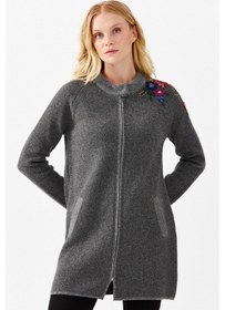 Resim Desen Triko Kadın Dik Yaka Omuzu Nakış İşlemeli Uzun Hırka 024220 Füme 