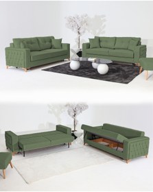 Resim Velura Home & Living Nola Koltuk Takımı 3+3 & Bazalı Yataklı Koltuk & Kanepe - Keten 