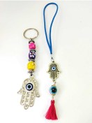 Resim cuaderno Fatıma Eli/hamse Nazar Boncuklu Araba Dikiz Ayna Süsü Anahtarlık Seti Hediyelik Aksesuar 