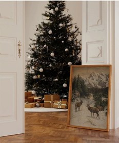 Resim Çerçevesiz Poster Karla Kaplı Dağ Geyikleri 