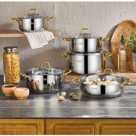 Resim Kahramanlar Yağmur 10 Parça Gold Çelik Tencere Seti 