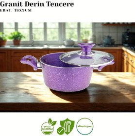 Resim Arzu Çelik 18 Cm Granit Derin Tencere Cam Kapak - Violet 