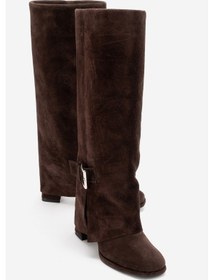 Resim Lojo Kahverengi Süet Hakiki Deri Tokalı Kadın Kalın Topuklu Çizme Kahverengi 