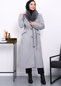 Resim İmajButik Gri Yaka Kürklü Kuşaklı Kaşe Kaban 