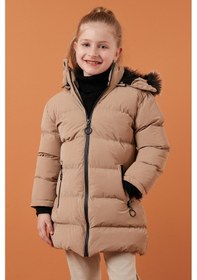 Resim Lela Yakası Suni Kürklü Peluş Astarlı Çıkarılabilir Kapüşonlu Dar Kesim Kışlık Kız Çocuk Mont 5760002 Vizon 