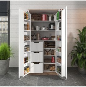 Resim 90 Derece Açılabilir 2 Kapaklı, 3 Çekmeceli, Kavanoz Raflı Kiler Ve Erzak Mutfak Dolabı Atlantik Çam Beyaz 