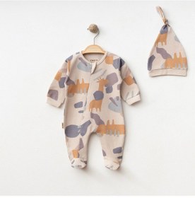 Resim Soyut Desenli Erkek Bebek Önden Fermuarlı Şapkalı Tulum Bej 