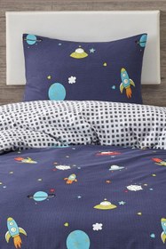 Resim Uzay Arduvaz Mavi Nevresim Seti Kids (Çarşafsız) Tek Kişilik %100 Doğal Pamuk Ranforce 