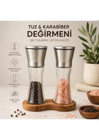 Resim Ahşap Standlı Cam Tuz Karabiber Değirmeni Paslanmaz Çelik Kapak 2 Li Set Çok Renkli 
