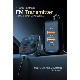 Resim Kensa Pd 30W Hızlı Şarj & Rgb LED Işıklı Araç Fm Transmitter | 6 Multi-Port | 5V 3.1A USB | 1m Kablolu 