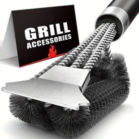 Resim 1 adet TFS 3-Kafa Paslanmaz Çelik Barbekü Izgara Fırçası ve Kazıyıcı, Üç Katmanlı Tel Kıllı Temizleme Fırçası, Açık Hava Izgara Araçları, Izgara Aksesuarları 
