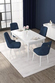 Resim Canisa Nex Serisi 80x132 Mdf Açılabilir Beyaz Masa Takımı Ve 4 Lacivert Sandalye Gold Detay 