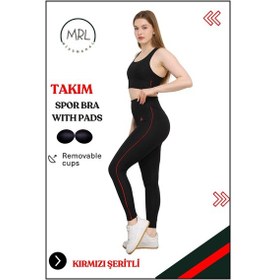 Resim Missmaral Kadın Spor Takım Yüksek Bel Tayt Pedli Büstiyer Sport Team High Waist Padded Bustier Black 3043 Siyah Kırmızı 