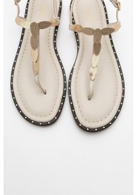 Resim Luvishoes Luvi Shoes Marea Bej Hakiki Deri Parmak Arası Gold Tokalı Kadın Sandalet Bej 