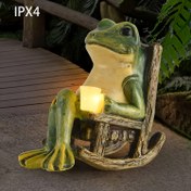 Resim 1 adet Güneş Enerjili Kurbağa Heykeli LED Işık ile - IPX4 Su Geçirmez Reçine Bahçe Dekoru, Kaydırma Sandalyesinde Rahatlatıcı Kurbağa Figürü, Dış Mekan, Veranda, Çim ve Ev Hediyesi için Mükemmel, Kurbağa Bahçe Dekorasyonu 