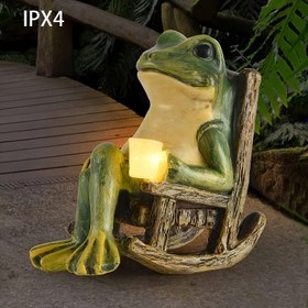 Resim 1 adet Güneş Enerjili Kurbağa Heykeli LED Işık ile - IPX4 Su Geçirmez Reçine Bahçe Dekoru, Kaydırma Sandalyesinde Rahatlatıcı Kurbağa Figürü, Dış Mekan, Veranda, Çim ve Ev Hediyesi için Mükemmel, Kurbağa Bahçe Dekorasyonu 