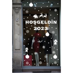 Resim Hoşgeldin 2023 Yılbaşı Happy New Year Özel Yeni Sticker Çıkartma Süsü Özel Yeni Yıl Parti Cam Noel Ağacı Kar Tanesi 
