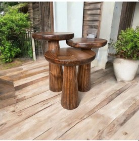Resim Wood Wooden 3 Lü Set Fitilli Mantar Yan Sehpa Modern Tik Ağacı Renk Fiskos Tik Ağacı 