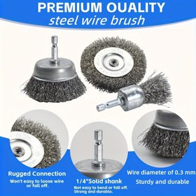 Resim 6 Parça Karbon Çelik Tel Tekerlek Seti - 1/4 İnç Altıgen Saplı, Metal Pas Temizleme ve Yüzey Cilalama için Dayanıklı, Elektrikli Matkap ve Döner Aletler ile Uyumlu, Taşlama ve Delme İşlemleri İçin 