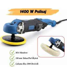 Resim Badem10 Polisaj Makinesi Elektrikli Kablolu 180 mm 1400 W Far Parlatma Pasta Cila Kaporta 3000 Rpm Kömürlü 