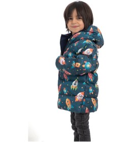 Resim Erkek Çocuk Polarlı Kapüşonlu Roket Desenli Kışlık Şişme Mont & Kaban & Parka-32 Lacivert 
