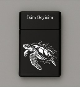 Resim Melek Pazarı Kaplumbağa Caretta Desenli Metal Sigara Tabakası - Kişiye Özel İsimli Tütün Kutusu 