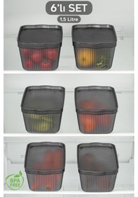 Resim 6'lı Set Perry Kapaklı Derin Dondurucu Saklama Kabı Buzdolabı Erzak Düzenleme Kutusu 1,5 Lt Füme 