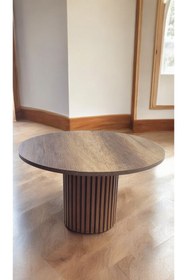 Resim MatBeyaZ bohem Ayak çıtaları vernekli Yuvarlak Orta Sehpa ofis sehpa 72 cm üst çapı ceviz renk 