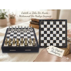 Resim Kişiye Özel Osmanlı Bizans Temalı Lüks Metal Satranç Takımı 20cm Sandıklı Mermer Desenli Premium Set 