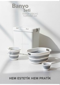 Resim 4 Lü Katlanabilir Çamaşır Sepeti Seti 80 Litre Kirli Sepeti, Sele, Su Kovası Ve Maşrapa Beyaz 