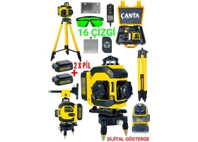 Resim 16 Köşe Tripodlu Lazer Terazi Dijital Göstergeli Otomatik Çizgi Hizalama Yeşil Metre 