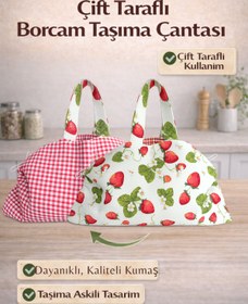 Resim DOCCES El Yapımı Borcam Taşıma Çantası & Piknik Çantası 50x80 cm - Çilekli Desen, Bağcıklı Ayarlanabilir 