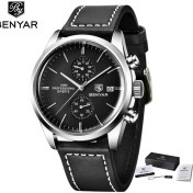 Resim Hanyang Gümüş Siyah 2022 Yeni Benyar Deri Erkek Kuvars Saatı Lüks Marka 100 M Su Geçirmez Erkekler Izle Askeri Spor Chronograph Izle Erkekler Için (Yurt Dışından) 