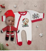 Resim Bk Gift Kişiye Özel Yılbaşı Temalı Tulum Zıbın Kukuletalı Şapka Ve Bebek Yastık Hediye Seti-4 Çok Renkli 