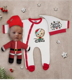 Resim Bk Gift Kişiye Özel Yılbaşı Temalı Tulum Zıbın Kukuletalı Şapka Ve Bebek Yastık Hediye Seti-4 Çok Renkli 