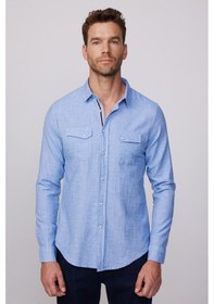 Resim Tudors Erkek Slim Fit Dar Kesim Uzun Kollu %100 Pamuk Keten Doku Çift Cep Biyeli Mavi Gömlek-28236 Mavi 