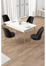 Resim Canisa Rewa Serisi 70x110 Sabit Beyaz Gold Detay Masa Takımı Ve 4 Siyah Sandalye Masa Beyaz Sandalye Siyah Ayak Gold 