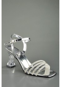 Resim Şeffaf Topuklu Abiye Ayakkabı Çapraz Kesim Gümüş 