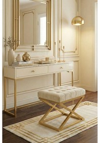 Resim Nexus Babyface Kapitoneli Puf - Gold Metal X Ayaklı Modern Bench 50x40 Cm Bej 