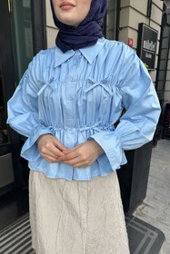 Resim Fiyonklu Büzgülü Gömlek - Bebe Mavisi 