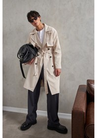 Resim Erkek Kruvaze Yaka Oversize Trençkot Krem 